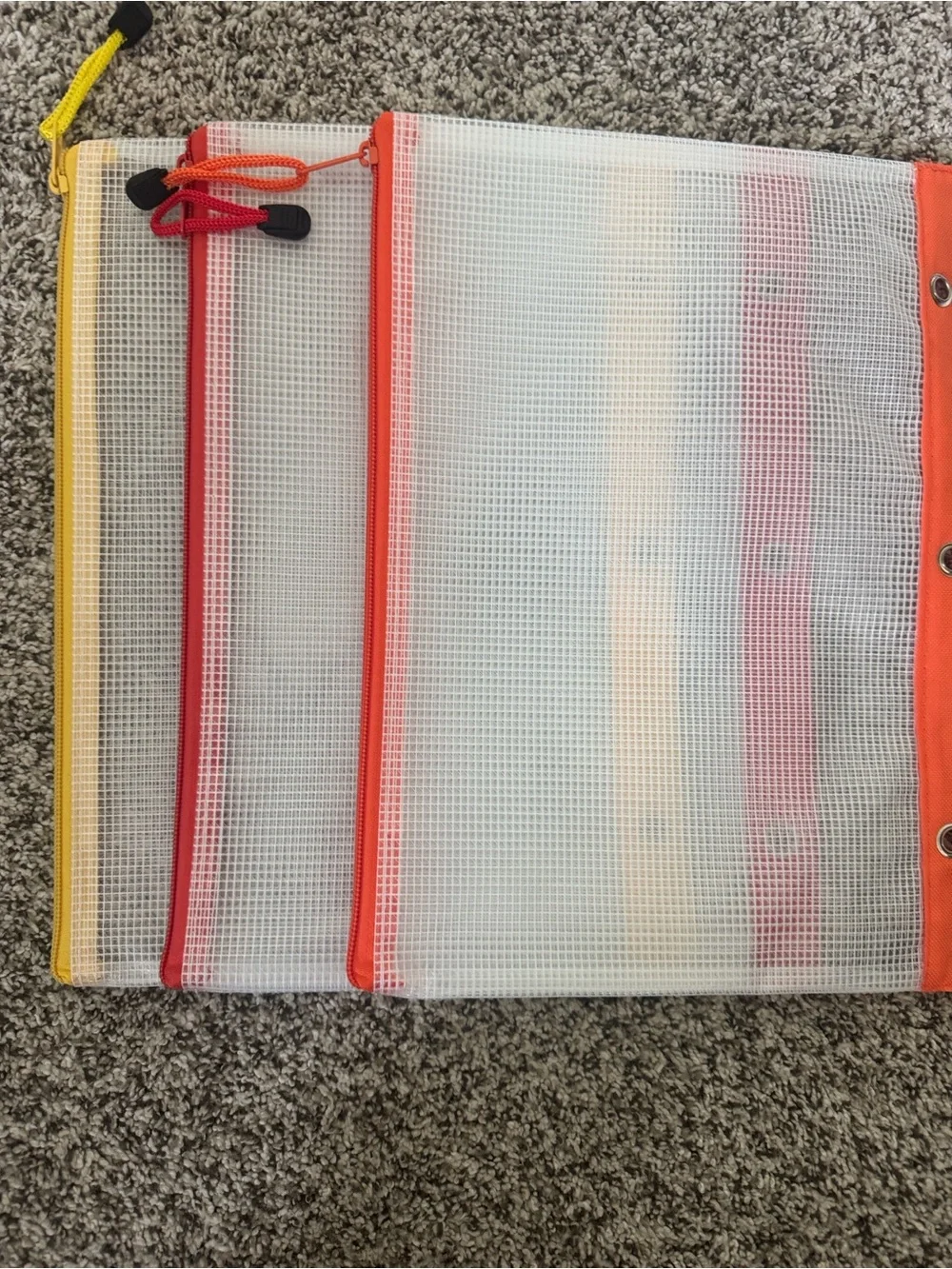 3 Pack Mesh Zipper Pouches in Orange, Red, and Yellow